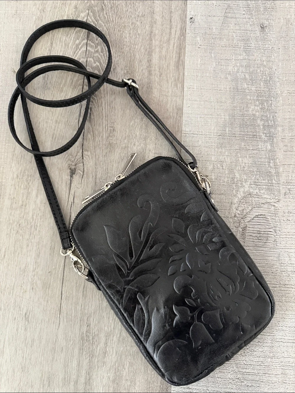 LEATHER Black Embossed Floral Crossbody Phone Bag with Adjustable Strap